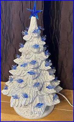 Vintage 12 Ceramic White Christmas Tree With Blue Birds clear birds & Star