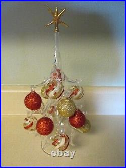 Vintage 12 Handblown Murano Glass Clear Christmas Tree Gold Red 1.25 Bulbs