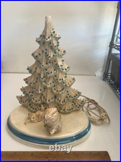 Vintage 13 1/2 Ceramic Christmas Tree With Cats On Base And Music Box Read