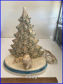 Vintage 13 1/2 Ceramic Christmas Tree With Cats On Base And Music Box Read