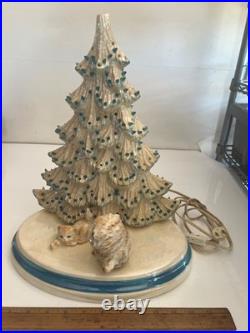 Vintage 13 1/2 Ceramic Christmas Tree With Cats On Base And Music Box Read