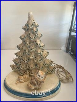 Vintage 13 1/2 Ceramic Christmas Tree With Cats On Base And Music Box Read