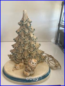Vintage 13 1/2 Ceramic Christmas Tree With Cats On Base And Music Box Read