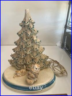 Vintage 13 1/2 Ceramic Christmas Tree With Cats On Base And Music Box Read