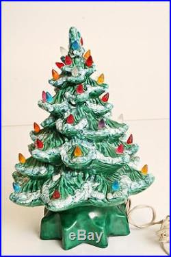 Vintage 13 CERAMIC CHRISTMAS TREE lighted 2 piece snow covered flocked GREEN