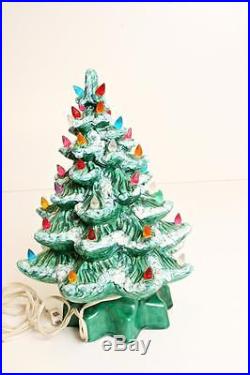 Vintage 13 CERAMIC CHRISTMAS TREE lighted 2 piece snow covered flocked GREEN