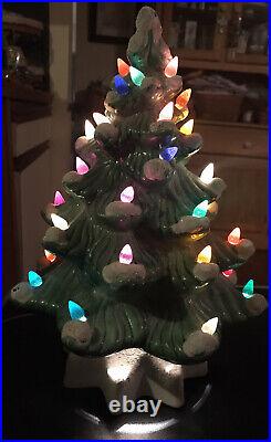 Vintage 14 Lighted Flocked Ceramic Christmas Tree -White Base Complete