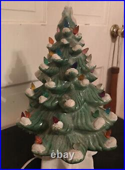 Vintage 14 Lighted Flocked Ceramic Christmas Tree -White Base Complete