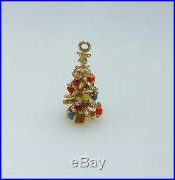 Vintage 14K Gold Christmas Tree Charm Pendant Multi Color Bead Ornaments 3D