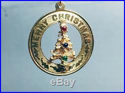 Vintage 14KT 3D Gold Merry Christmas Tree With Gemstone Ornaments Pendant Charm