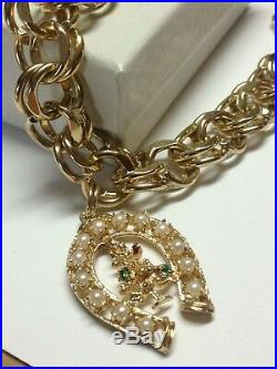 Vintage 14k Gold Charm Bracelet, 14k Horseshoe Christmas Tree Charm Gemstones