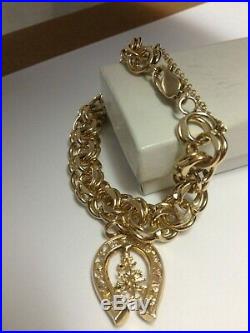 Vintage 14k Gold Charm Bracelet, 14k Horseshoe Christmas Tree Charm Gemstones