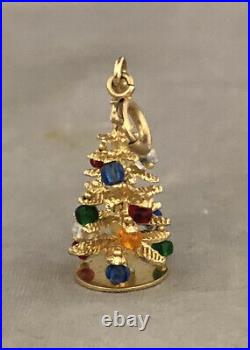 Vintage 14k Solid Yellow Gold Christmass Tree Charm With Multi Color Beads