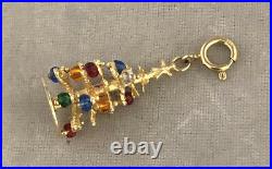 Vintage 14k Solid Yellow Gold Christmass Tree Charm With Multi Color Beads