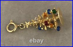 Vintage 14k Solid Yellow Gold Christmass Tree Charm With Multi Color Beads