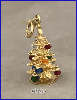 Vintage 14k Solid Yellow Gold Christmass Tree Charm With Multi Color Beads