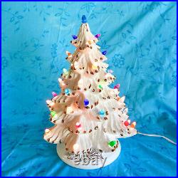 Vintage 16 1970's White Ceramic Christmas Tree with Holly Base Gold accents