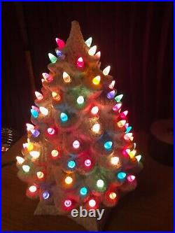 Vintage 16 Flocked Ceramic Christmas Tree Star Base Snow Capped White/Gren Tree