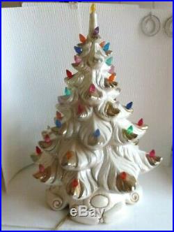 Vintage 16 Hand Painted Ceramic Christmas Tree White Gold Music Box White Xmas