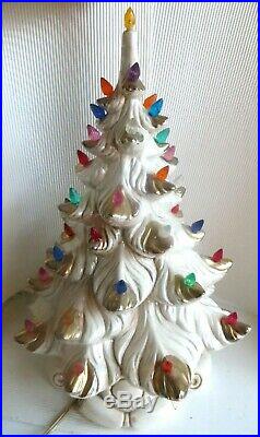 Vintage 16 Hand Painted Ceramic Christmas Tree White Gold Music Box White Xmas