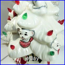 Vintage 16 White Ceramic Light-Up Christmas Tree With Mice. Mouse