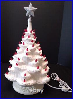 Vintage 17 White Ceramic Lighted Christmas Tree With Red Bulbs