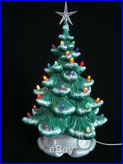 Vintage 18 Flocked Atlantic Mold Green Ceramic Christmas Tree with Star