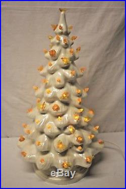 Vintage 19 1970s Ceramic White Iridescent Light Up Christmas Tree + Stand