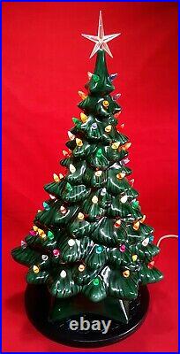 Vintage 19 Holland Mold Lighted Ceramic Christmas Tree On Green Base Music Box