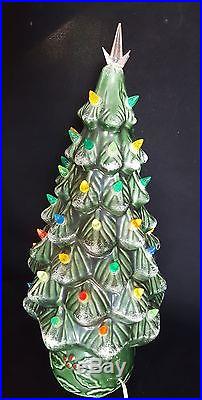 Vintage 1950's 19 Inch Tall Green Ceramic Christmas Tree with Holly Base Lighted
