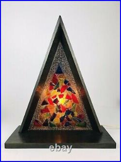 Vintage 1950's CHRISTMAS Tree Nativity Stained Glass Triangle Wood Music Box MCM