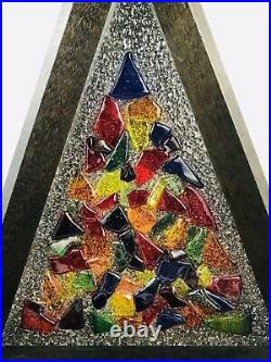 Vintage 1950's CHRISTMAS Tree Nativity Stained Glass Triangle Wood Music Box MCM