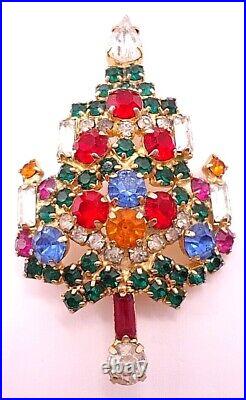 Vintage 1950s Warner Brooch Pin Christmas Tree Multicolor Rhinestones Gold Tone