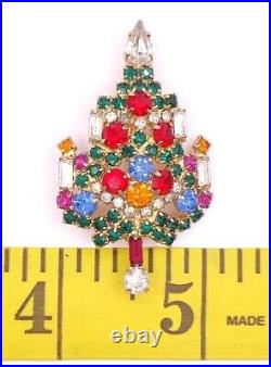 Vintage 1950s Warner Brooch Pin Christmas Tree Multicolor Rhinestones Gold Tone