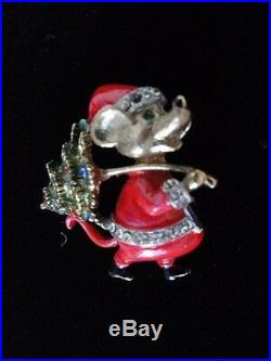 Vintage 1960's J. J. Signed Christmas Mouse With Tree Rhinestones Pin Brooch