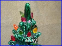 Vintage 1970 Ceramic Lighted Green Christmas Tree 14 With Base Works Perfect