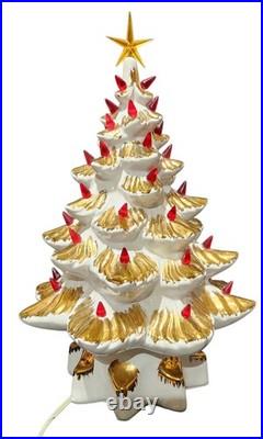 Vintage 1970s Atlantic Mold 15 White & Gold Ceramic Christmas Tree with Stand