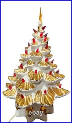 Vintage 1970s Atlantic Mold 15 White & Gold Ceramic Christmas Tree with Stand