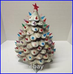 Vintage 1970s Ceramic Christmas Tree 15 Tall Works Gray Green Gold Xmas Decor