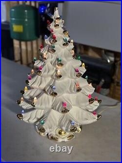 Vintage 1970s White With Gold Accents Ceramic Christmas Tree 24 Tall With Base