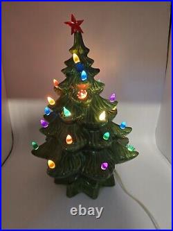 Vintage 1973 Ceramic Christmas Tree With Base 14 Lights Star Green