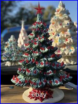 Vintage 1980 16 Green Ceramic Christmas Tree With Red Lights