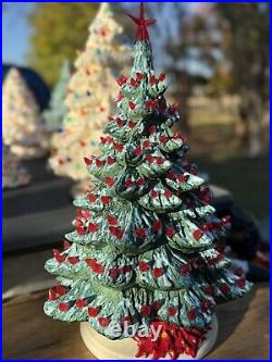 Vintage 1980 16 Green Ceramic Christmas Tree With Red Lights