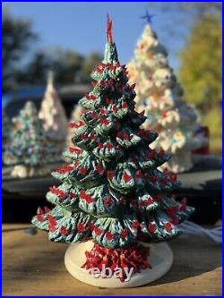 Vintage 1980 16 Green Ceramic Christmas Tree With Red Lights