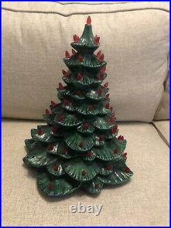 Vintage 1982 Unbranded Ceramic Green Christmas Tree. 14. Red Plastic Bulbs