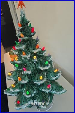 Vintage 20.5 X14 Flocked Atlantic Mold Ceramic Christmas Tree Scroll Base Star