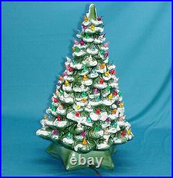 Vintage 20 Flocked Ceramic Christmas Tree Star Base Snow Capped Display Green