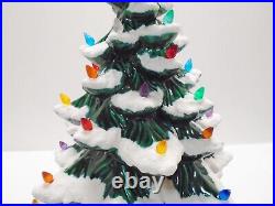 Vintage 21 GREEN Lighted FLOCKED SNOW Ceramic Christmas Tree w bulbs