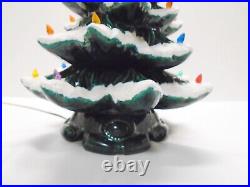 Vintage 21 GREEN Lighted FLOCKED SNOW Ceramic Christmas Tree w bulbs