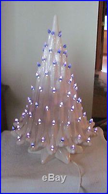 Vintage 21' White Ceramic Christmas Tree with blue lights, Star Base excellent